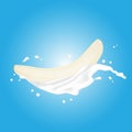 Yellow Peeled Banana without skin. Realistic 3d Banana milk splash. Detailed 3d Illustration Isolated On White. Design Element Royalty Free Stock Photo