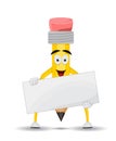 Yellow pencil cartoon character holding banner Royalty Free Stock Photo