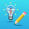 Yellow pencil and light bulb with rocket, great concept idea. vector illustration Royalty Free Stock Photo