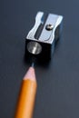 Yellow pencil, metal sharpener and rubber Royalty Free Stock Photo