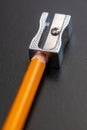 Yellow pencil, metal sharpener and rubber Royalty Free Stock Photo
