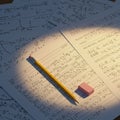 Yellow pencil and pink eraser rest on paper covered with mathematical equations a