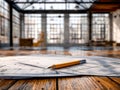Yellow pencil resting on architectural blueprints spread out on a wooden table in a spacious modern studio with large windows and Royalty Free Stock Photo