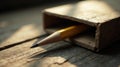 A yellow pencil rests inside a worn wooden box on a rustic surface, bathed in soft sunlight. Generative AI Royalty Free Stock Photo