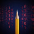 Yellow pencil sharp point against red binary code background Royalty Free Stock Photo
