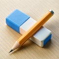 Yellow Pencil Resting on Two Erasers on Lined Paper Background stationery writing Royalty Free Stock Photo