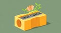A yellow pencil sharpener designed as a planter is filled with soil and young gree Royalty Free Stock Photo