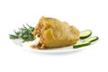 Yellow pepper stuffed with meat and rice on white background. Se Royalty Free Stock Photo
