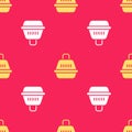 Yellow Pet carry case icon isolated seamless pattern on red background. Carrier for animals, dog and cat. Container for