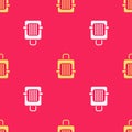 Yellow Pet carry case icon isolated seamless pattern on red background. Carrier for animals, dog and cat. Container for