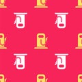 Yellow Petrol or gas station icon isolated seamless pattern on red background. Car fuel symbol. Gasoline pump. Vector Royalty Free Stock Photo