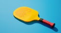 Yellow Pickleball Paddle on Blue Background, Outdoor Or Indoor Leisure Activity. Ai