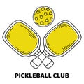 Yellow pickleball paddles and balls logo, hand drawn black outline vector illustration.
