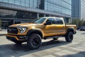 yellow pickup car parked near modern city buildings. Generic vehicle stand in urban landscape