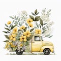 Yellow Pickup Truck With Flowers in Full Bloom. Generative AI