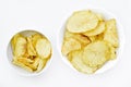 Yellow pieces of fried potatoes in a plate. Salted chips on a white background