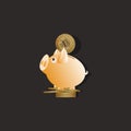 Yellow piggy bank with bitcoin coins.