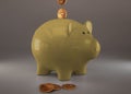 Yellow piggy bank with cryptocurrencies, golden physical coins, Ripple, Zcoin, Bitcoin and Etherium. Mining cryptocurrency