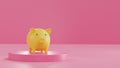 Yellow Piggy Bank on Pink podium on Pink background. 3D rendering. savings money concept. Yellow Piggy Bank and saving idea. Pink