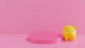 Yellow Piggy Bank on a podium with pink background. 3D rendering. savings money concept. Yellow Piggy Bank and saving idea. Pink