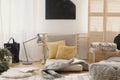 Yellow pillows and grey warm blanket on grey futon in bright natural bedroom interior