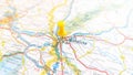 A yellow pin stuck in Bratislava on a map of Slovakia