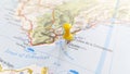 A yellow pin stuck in Gibraltar on a map of Spain Royalty Free Stock Photo