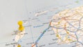 A yellow pin stuck in the island of Texel on a map of the Netherlands Royalty Free Stock Photo