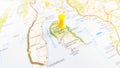 A yellow pin stuck in a map of the island of Arran Scotland Royalty Free Stock Photo