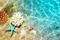 Yellow pineapple, seashells and starfish on a blue water background.