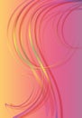 Abstract yellow-pink background covered with falling yellowish-green and orange-purple ends, intersecting, wavy gradient stripes