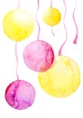 Yellow and pink festive balls on white, celebrative watercolor background