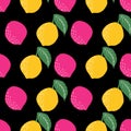 Yellow pink lemons seamless vector pattern design on black background Royalty Free Stock Photo