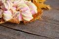 Yellow and pink mini marshmallows on yellow autumn leaves and on a vintage wooden background with copy space for text