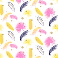 Yellow and pink palm leaves seamless vector pattern.