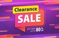 Yellow pink tag Clearance sale 80 percent off promotion website banner heading design on graphic purple background vector for Royalty Free Stock Photo