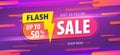 Yellow pink tag Flash sale 24 hour 50 percent off promotion website banner heading design on graphic purple background vector for Royalty Free Stock Photo