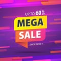 Yellow pink tag Mega sale 60 percent off promotion website banner heading design on graphic purple background vector for banner or Royalty Free Stock Photo