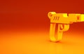 Yellow Pistol or gun icon isolated on orange background. Police or military handgun. Small firearm. Minimalism concept Royalty Free Stock Photo