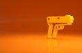 Yellow Pistol or gun icon isolated on orange background. Police or military handgun. Small firearm. Minimalism concept Royalty Free Stock Photo