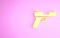 Yellow Pistol or gun icon isolated on pink background. Police or military handgun. Small firearm. Minimalism concept. 3d