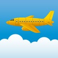 Yellow plane on a background of blue sky and white clouds. Cartoon style. Vector Royalty Free Stock Photo