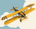 Yellow plane flying over sky with clouds in vintage color stylization. Royalty Free Stock Photo