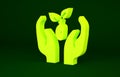 Yellow Plant in hand of environmental protection icon isolated on green background. Seed and seedling. Planting sapling Royalty Free Stock Photo