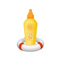 Yellow plastic bottle of sunscreen and inflatable beach ring. Cosmetic product for skin protection. Flat vector icon Royalty Free Stock Photo