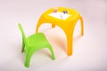 Yellow plastic childrens table and green chair on white background