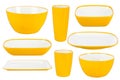 Yellow plastic dishes on white background