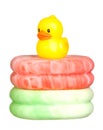 Yellow plastic duck over sponges Royalty Free Stock Photo