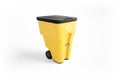 Yellow plastic garbage bin with recycling logo