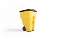 Yellow plastic garbage bin with recycling logo